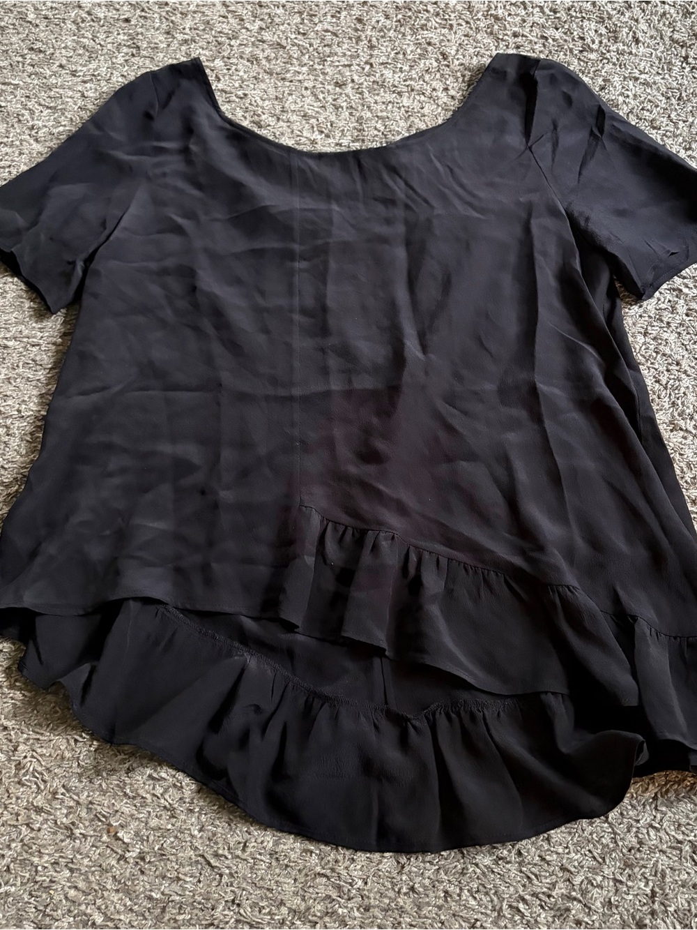Chelsea Flower Black Short Sleeve Blouse Top 100% Silk Flowy Asymmetrical Ruffle